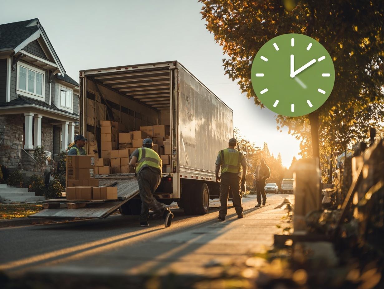 Professional moving team loading truck at sunset