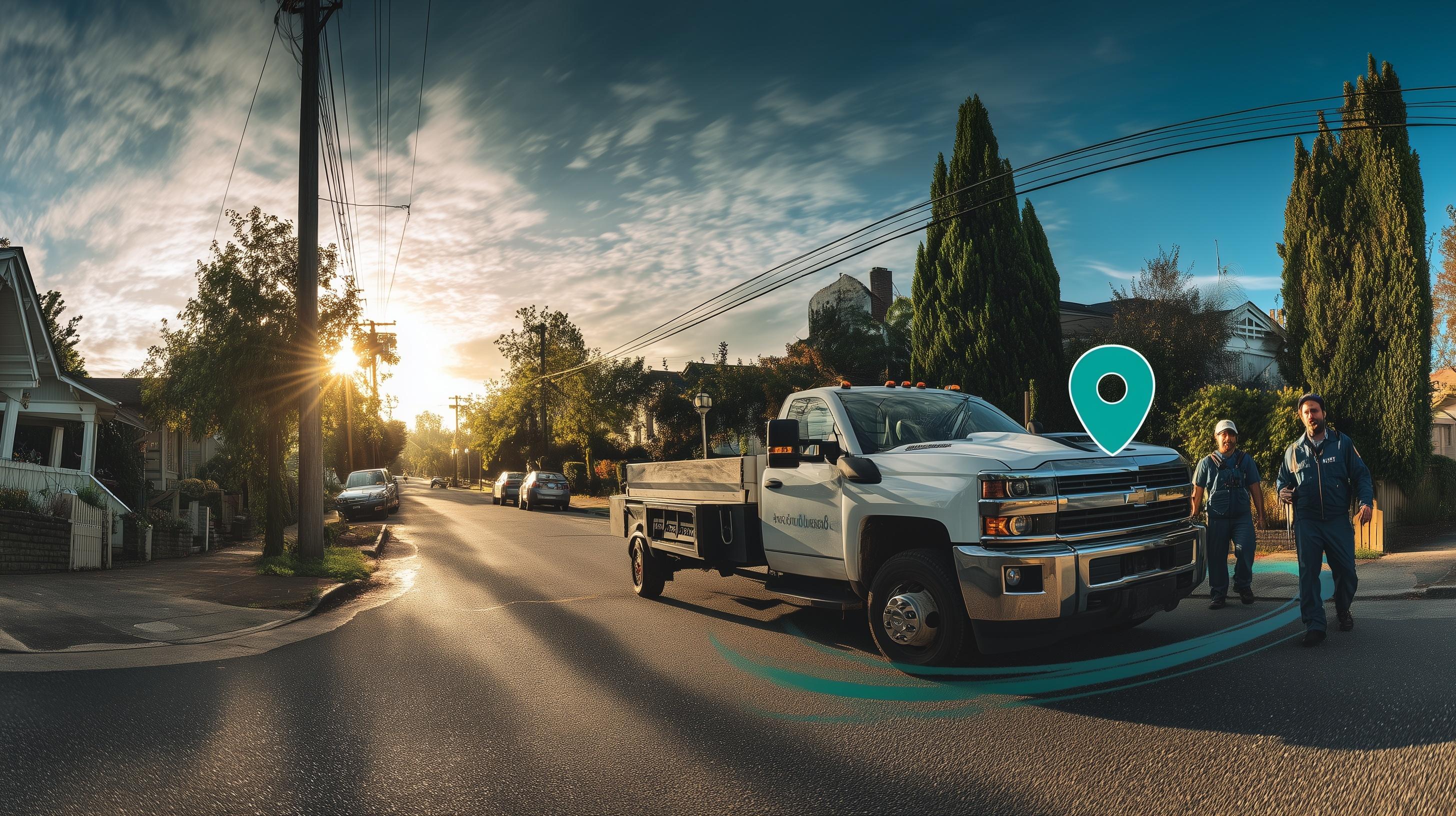 Service truck with team on residential street